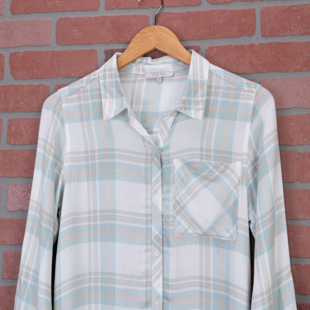 Lightweight Plaid Button-Up Top - Mint Green - Picture 7 of 15